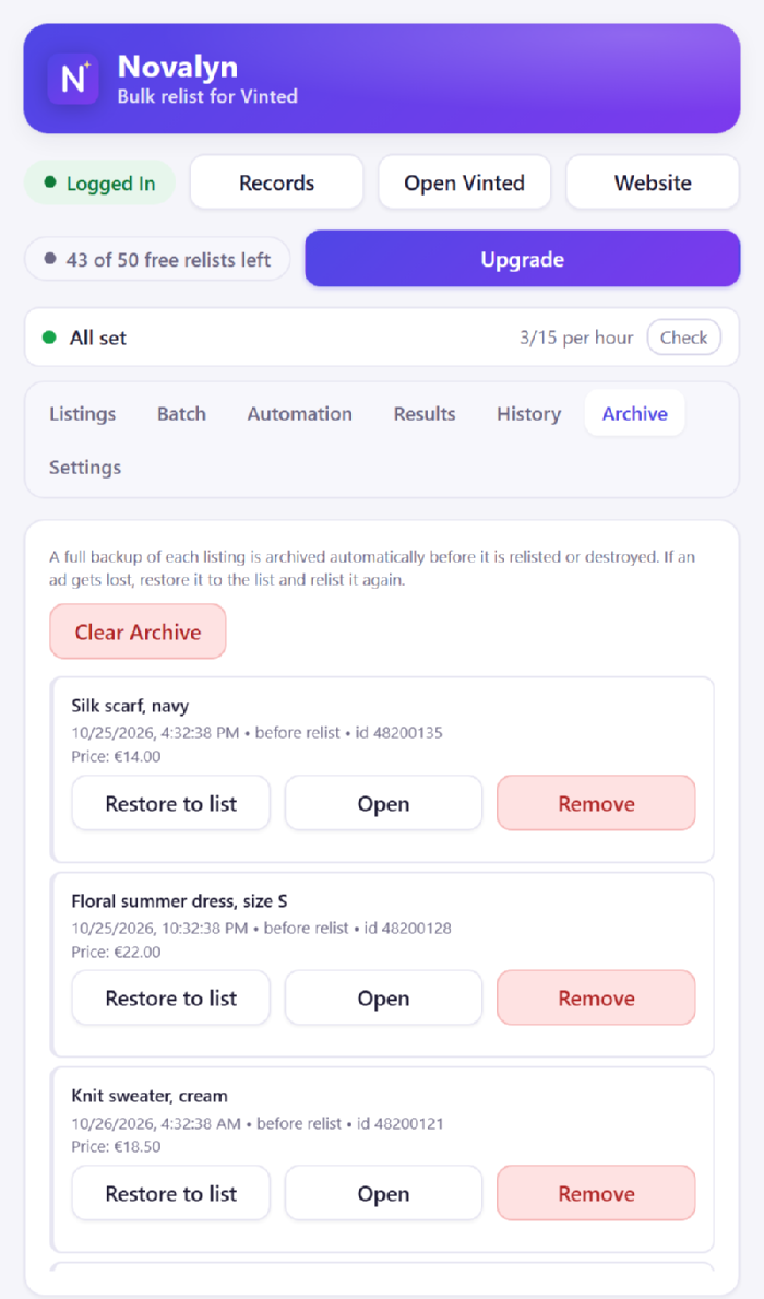 The Archive tab, listing every saved original with a restore button.