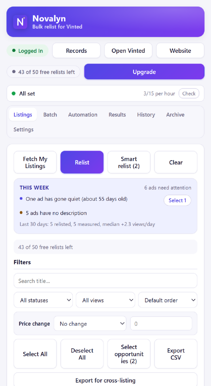 The Novalyn popup: your Vinted listings with checkboxes, a Relist button and price-rule controls.